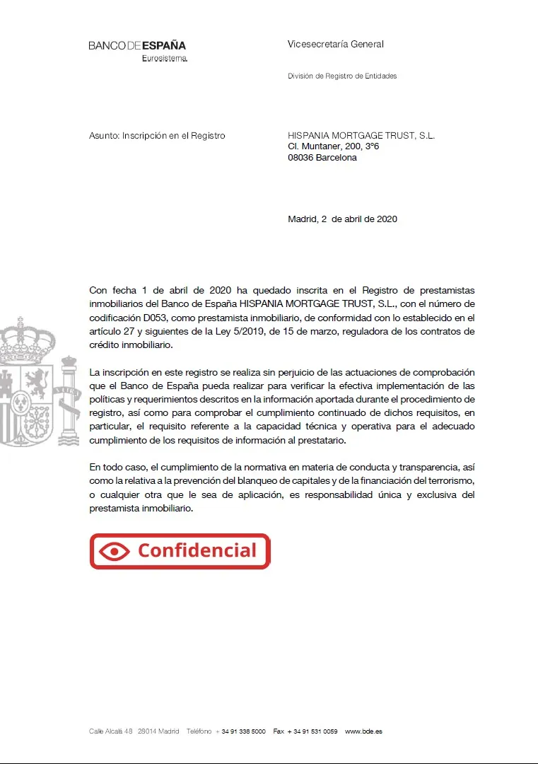 HISPANIA MT - Resolución Inscripción BdE